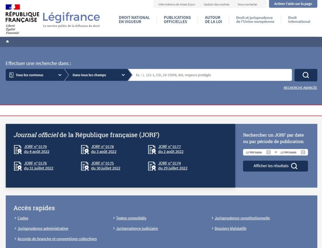 Image de la page d'accueil de Légifrance